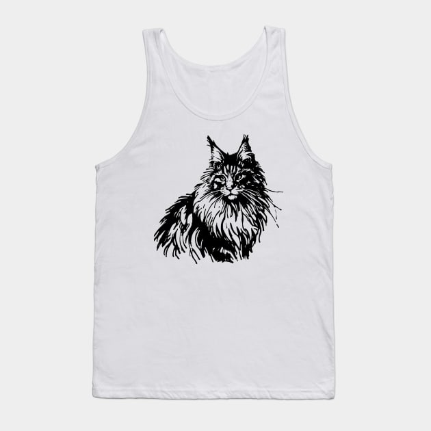 Stick figure of Maine Coon cat in black ink Tank Top by WelshDesigns